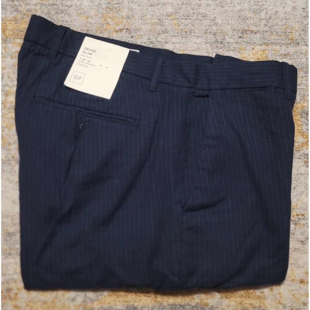 Gap Men's Navy Blue Stripe Cotton Stretch Slim Flat Front Chinos Size‎ 34 X 32